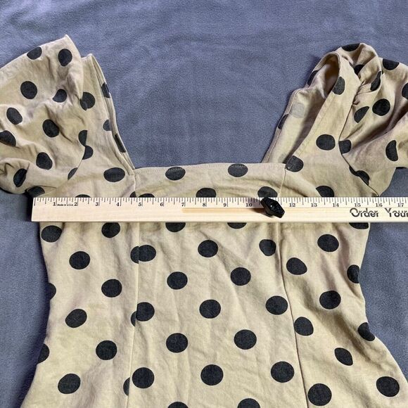 MNG by Mango Women's Dress Size 6 Beige Black Polka Dot Puff Sleeve Square Neck - Picture 9 of 12
